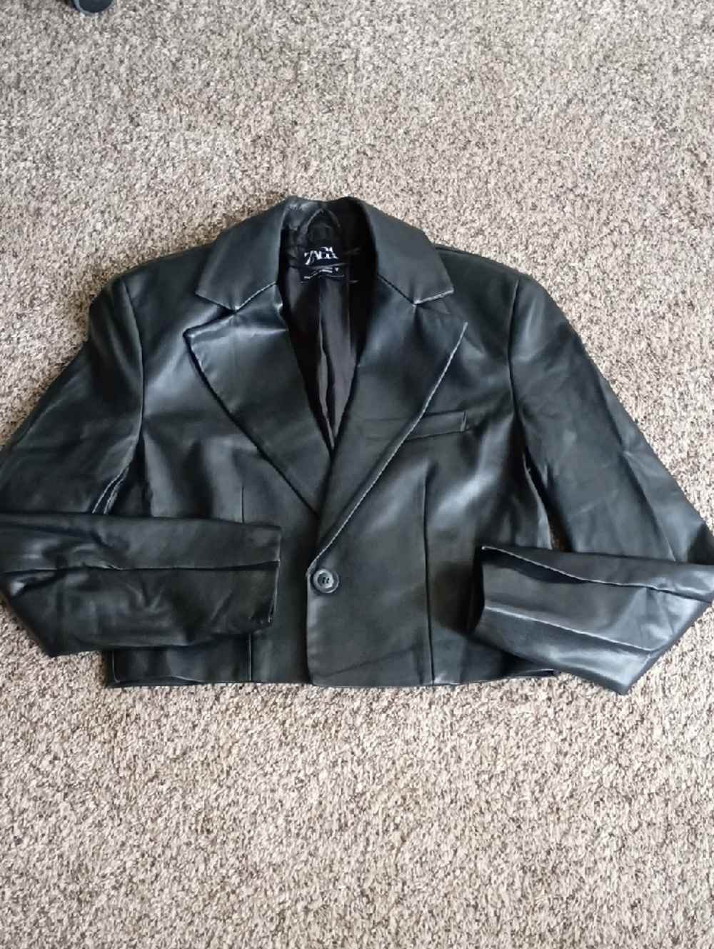 Zara Black Cropped Leather Blazer Jacket